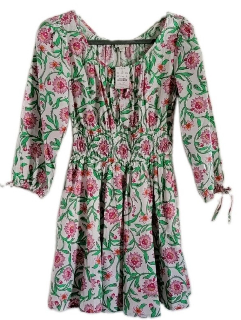 J Crew White Lotus Bloom Smocked Waist Dress Balloon Tie Sleeves Coquette Boho
